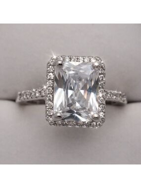 Halo Radiant Simulated Diamond Engagement Ring Size 6 New Rectangular Stone